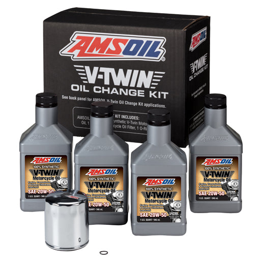 AMSOIL 20W-50 Synthetic V-Twin Oil Change Kit – 4 Quarts with Chrome Filter