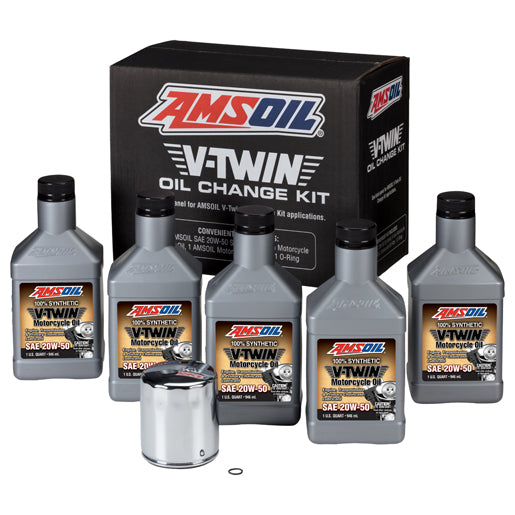 AMSOIL 20W-50 Synthetic V-Twin Oil Change Kit – 5 Quarts with Chrome Filter